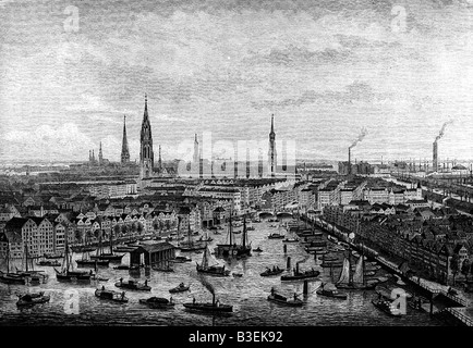 geography / travel, Germany, Hamburg, city view / cityscapes, St Catherine`s Church, view from Elbe river, engraving, 1883, Stock Photo